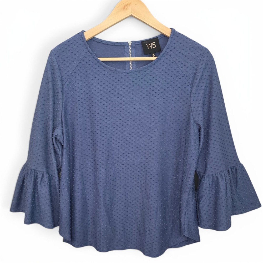 W5 Anthropologie Top Womens Medium Blue Swiss Dot Bell Sleeve Blouse Zip Casual